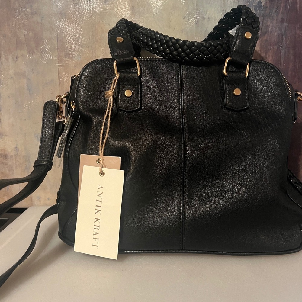 Antik Kraft The Roxanne Satchel Women Black New Woven Braided Gold Zip Size Med